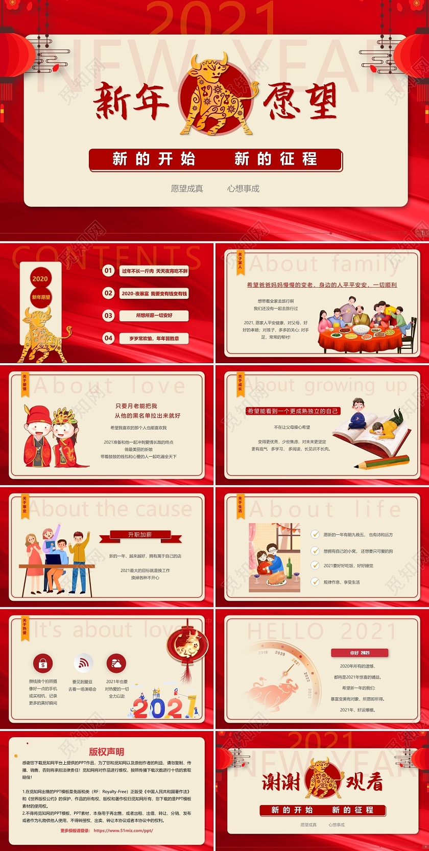 红色大气商务中国风简约2021新年愿望动态PPT模板