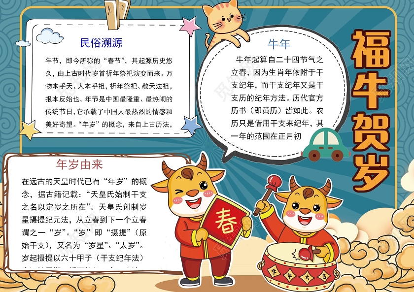 蓝色卡通福牛贺岁新年牛年春节手抄报