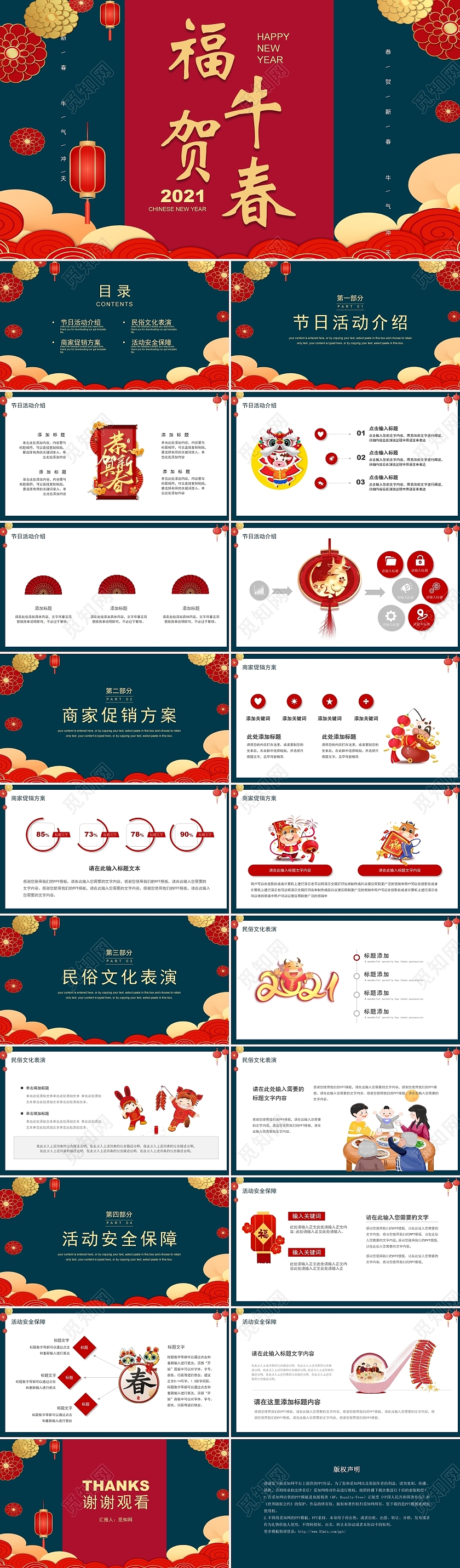 绿色喜庆风格福牛贺春春节健康饮食篇新年PPT模板