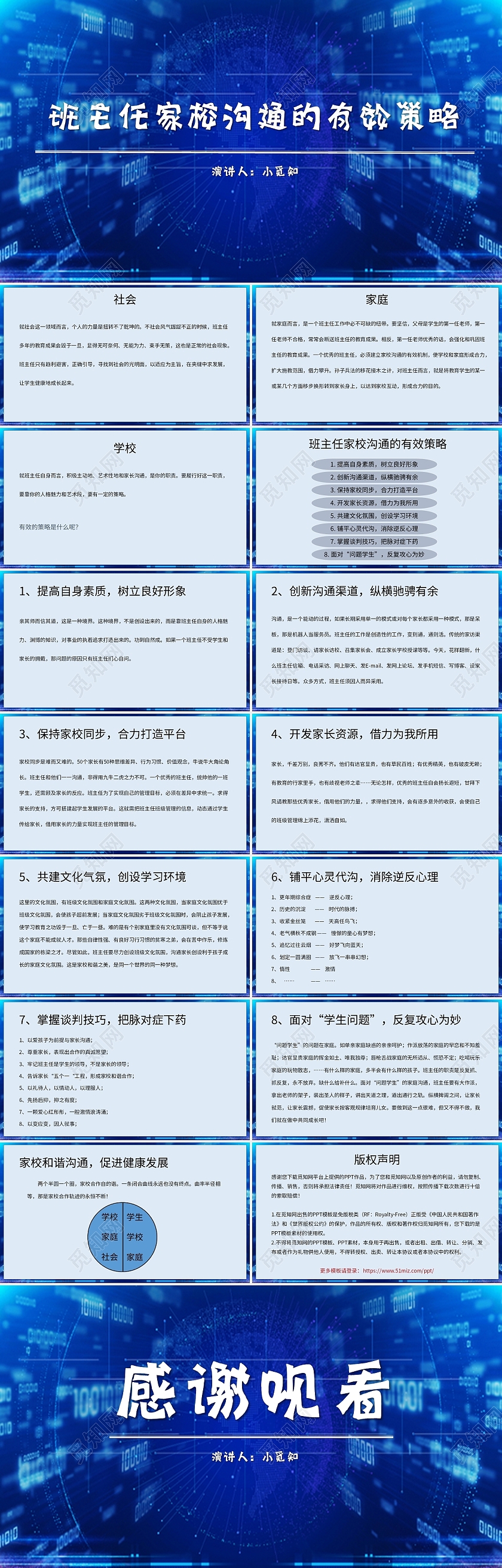 蓝色简约风说课课件班主任家校沟通的有效策略PPT模板家校沟通培训讲座课件