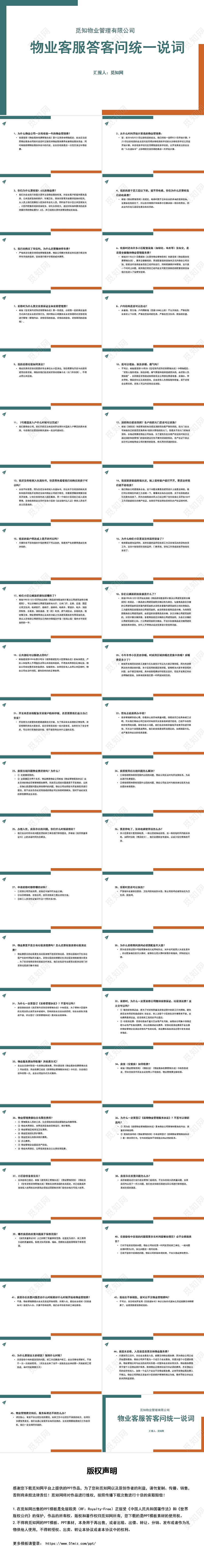 绿色简约风物业客服答客问统一说词物业客服话术统一培训PPT