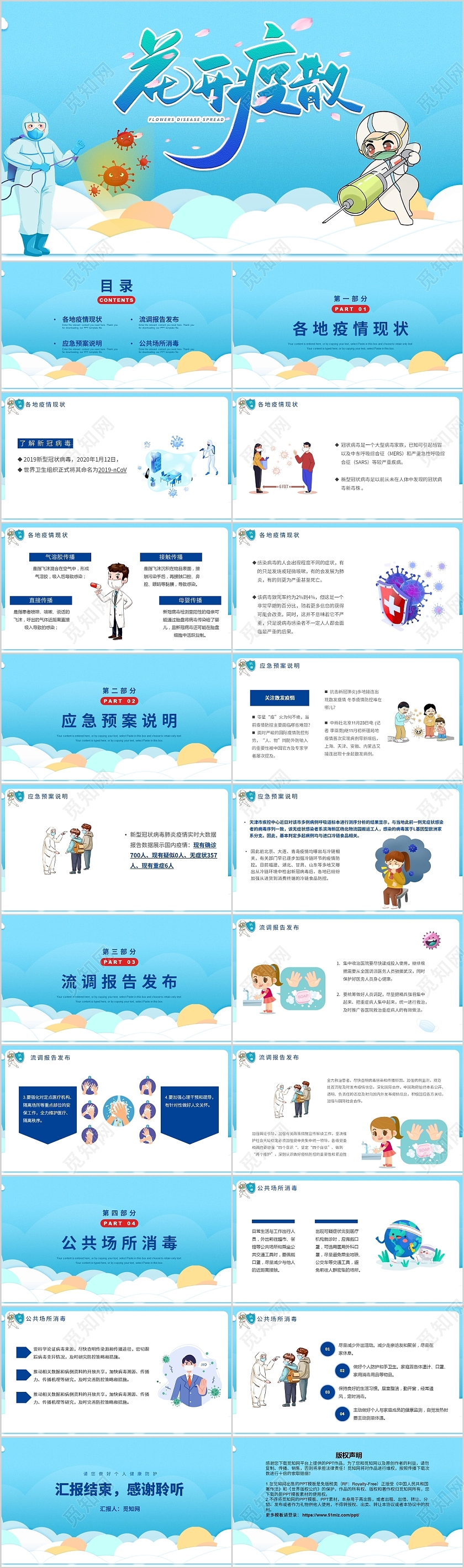 蓝色卡通严防疫情扩散复发宣传PPT模板疫情防控