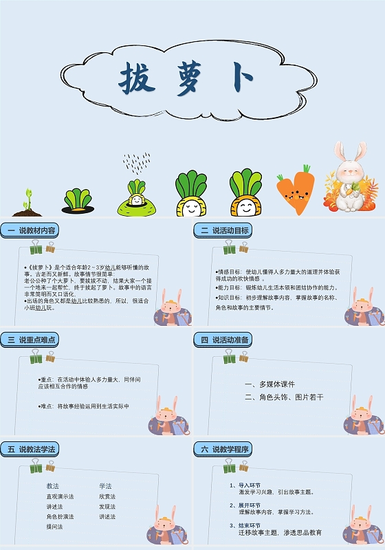 蓝色简单卡通可爱学习幼儿园说课课件拔萝卜