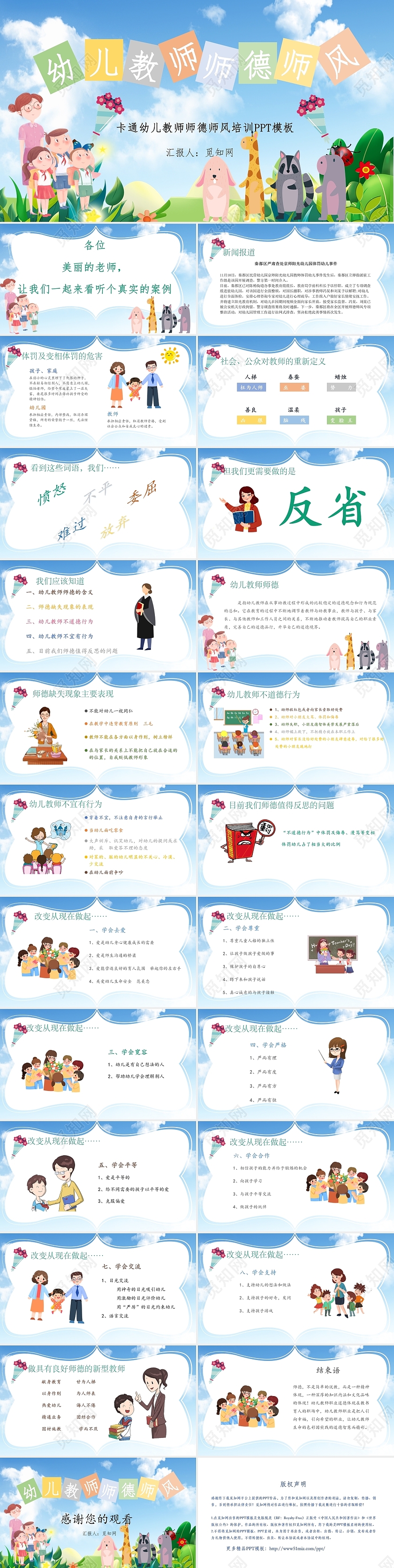 卡通绿色幼儿教师师风师德培训PPT模板幼儿园师德师风培训