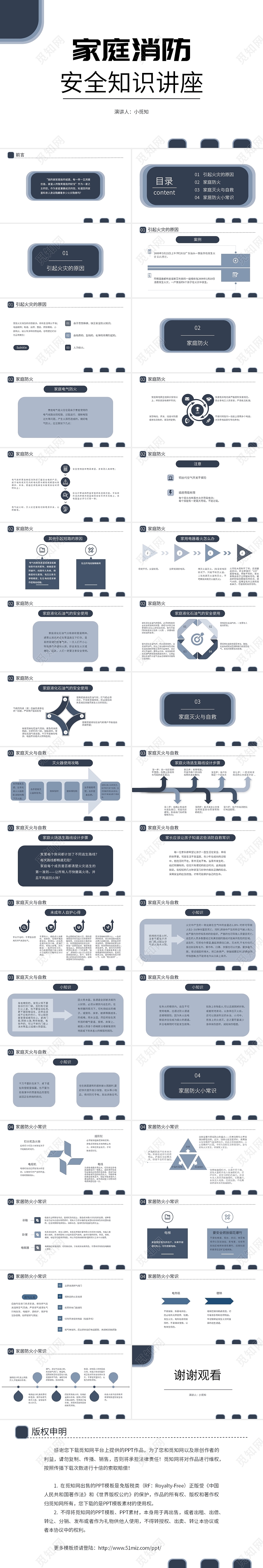 蓝灰色简洁风简约风家庭消防安全知识讲座PPT模板消防安全知识培训