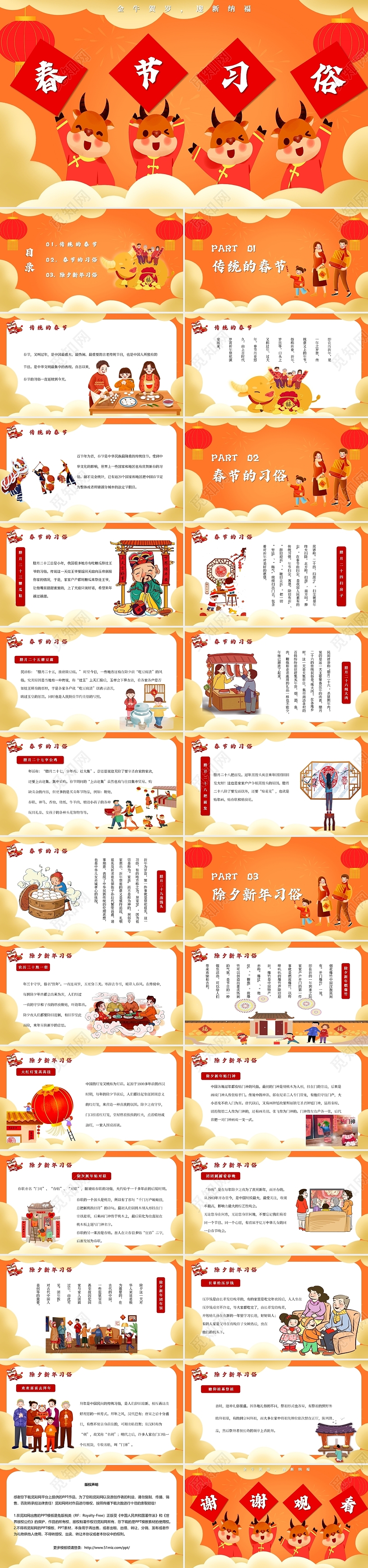 2021新年春节牛年卡通插画春节习俗主题PPT模板