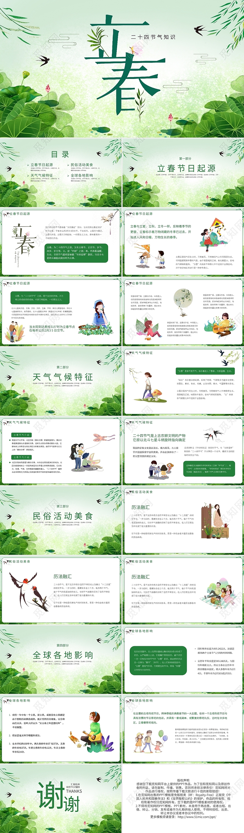 绿色卡通风立春节气民俗介绍PPT模板宣传PPT动态PPT