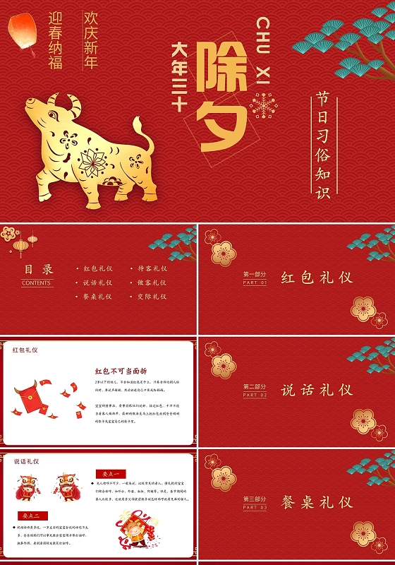 红色除夕礼仪习俗介绍PPT模板