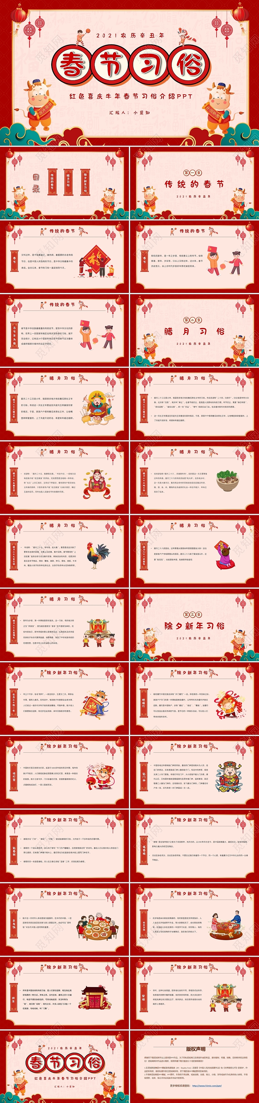 红色喜庆牛年春节习俗介绍主题PPT模板2021新年春节牛年