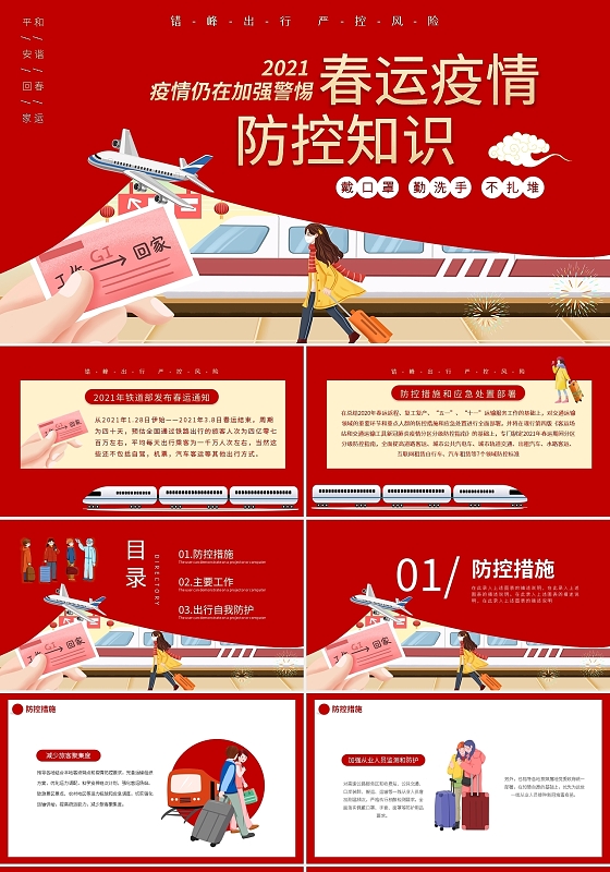 红色卡通春运疫情防控意识动态PPT模板宣传PPT动态PPT平安春运疫情防控