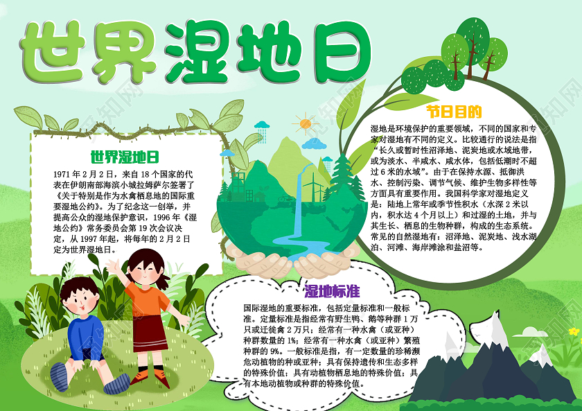 绿色背景世界湿地日保护自然卡通手抄报小报