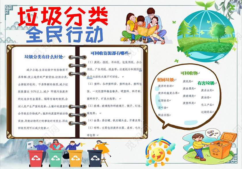 浅色卡通垃圾分类全民行动环保手抄报