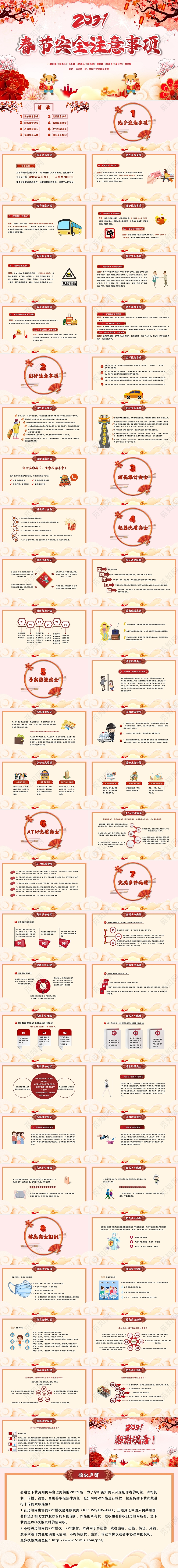 红色粉色卡通清新春节安全注意事项PPT模板2021新年春节牛年