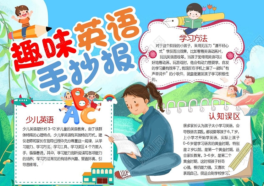 彩色卡通趣味英语少儿英语学习方法手抄报