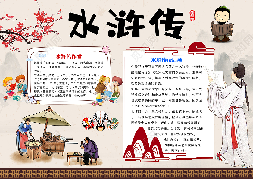 浅色卡通水浒传读书阅读学习手抄报小报