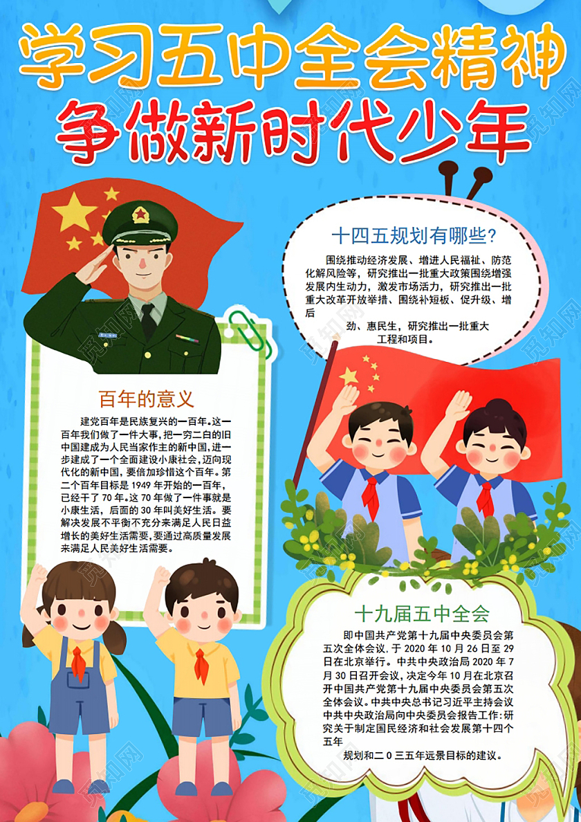 彩色卡通学习新思想争做新青年小报手抄报
