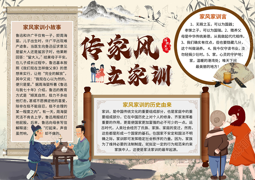 米黄色中国风家风家训中小学生小报手抄报word模板家风家训传家训立家规扬家风传统文化