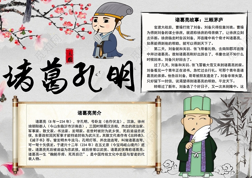 彩色卡通古代人物三国蜀汉丞相诸葛孔明小报手抄报古代人物三国蜀汉丞相诸葛亮