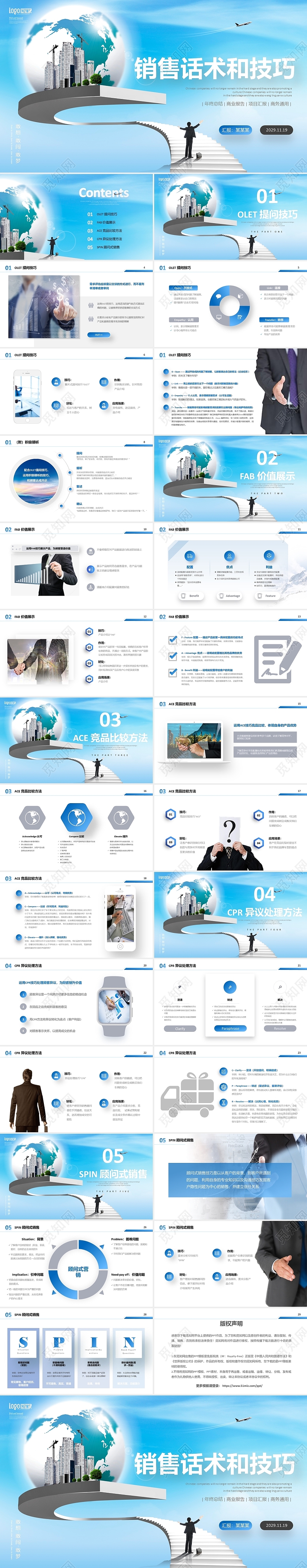 蓝色商务风全文案销售技巧及话术培训课件PPT