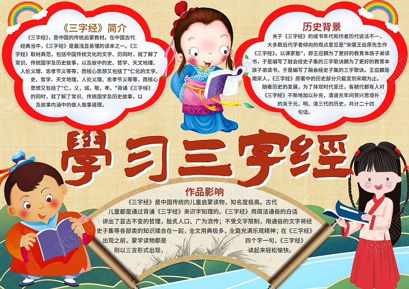 黄色 卡通 国学经典小报 学习三字经 宣传单