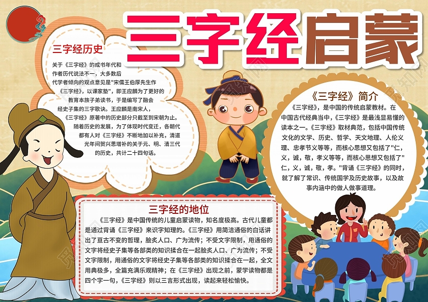 黄色卡通国学经典小报三字经启蒙手抄报