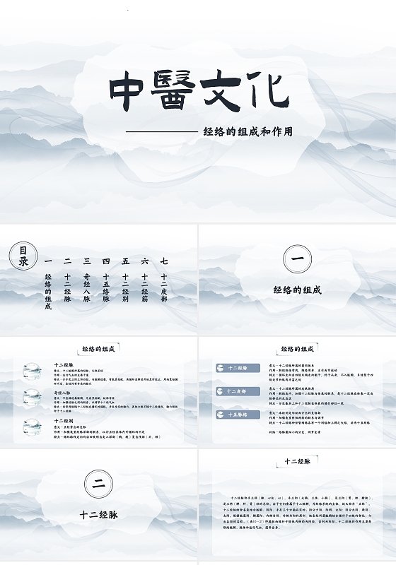 蓝灰色水波纹中国风中医文化经络的组成和作用PPT