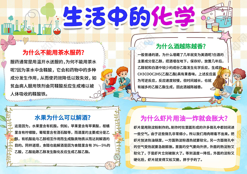 蓝色格纹卡通生活中的化学手抄报小报化学小报手抄报