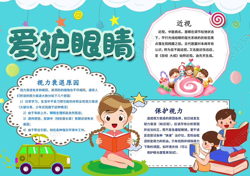 蓝色卡通爱护眼睛小报手抄报护眼小报