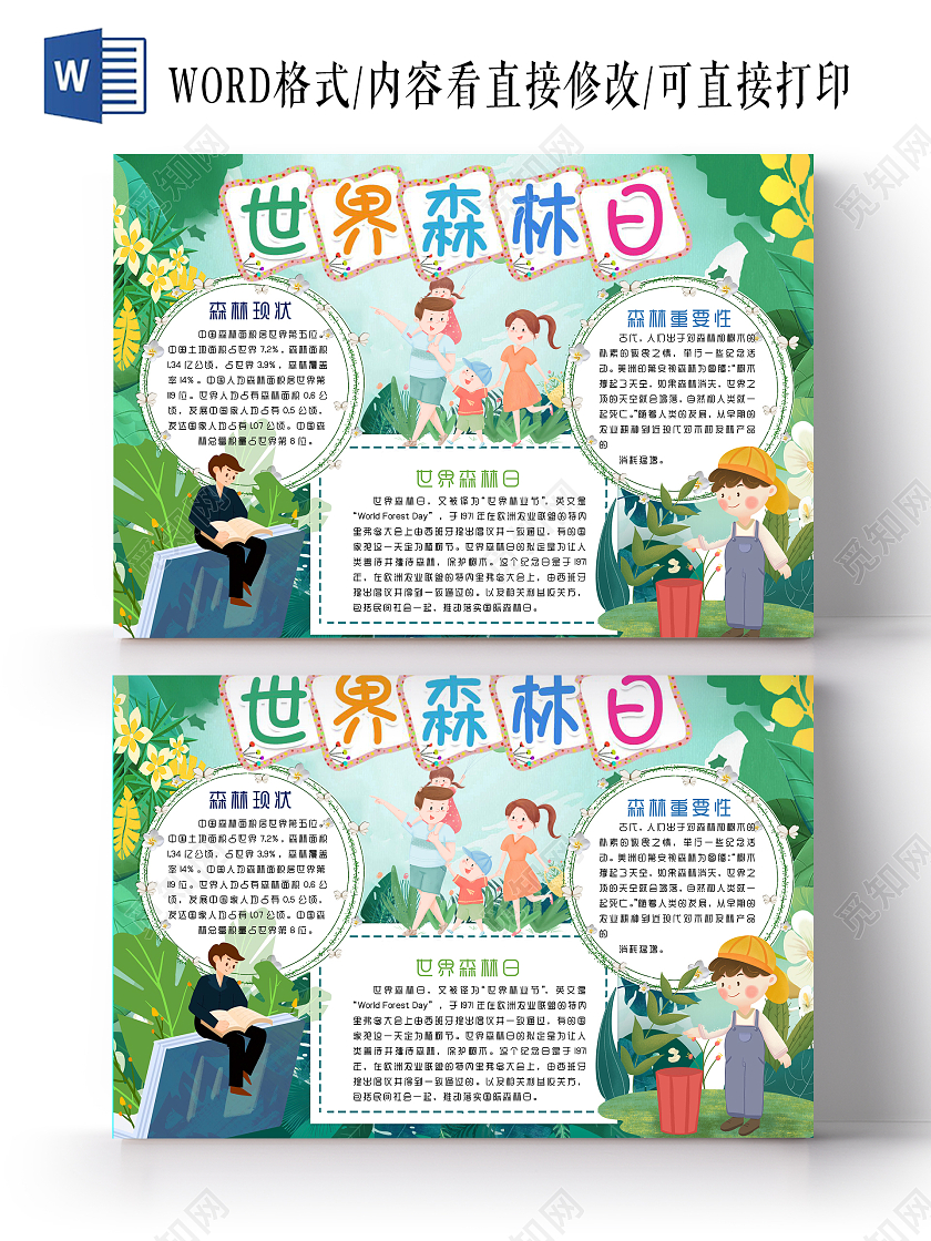 绿色卡通世界森林日手抄报