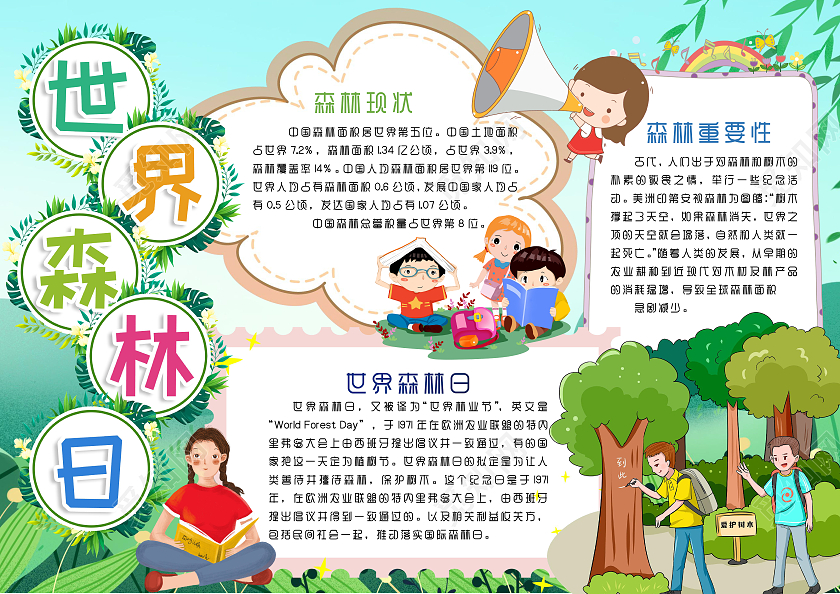 绿色卡通世界森林日手抄报
