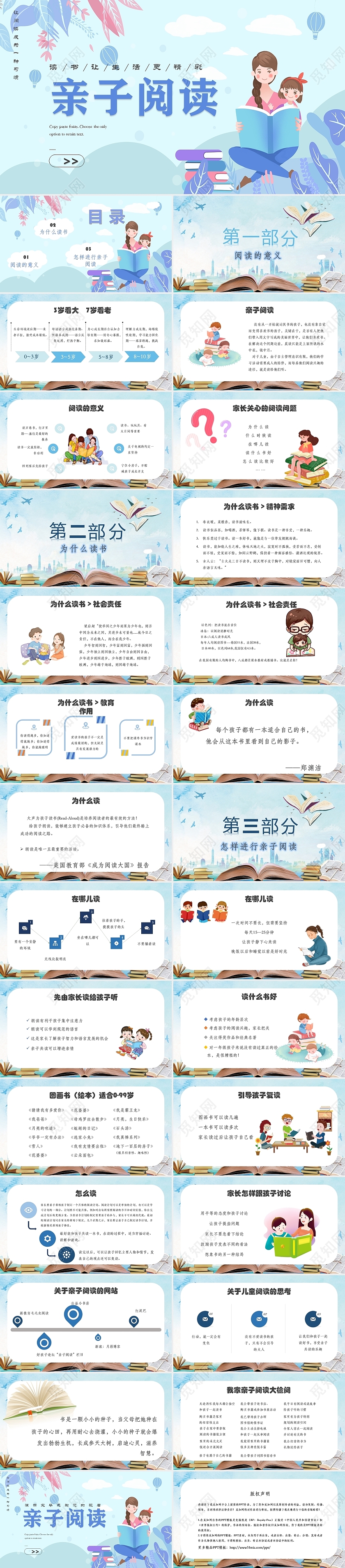 蓝色卡通幼儿园儿童亲子阅读PPT模板读书分享