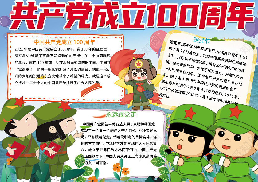 蓝色卡通共产党成立100周年小报手抄报党建党政党课建党100周年