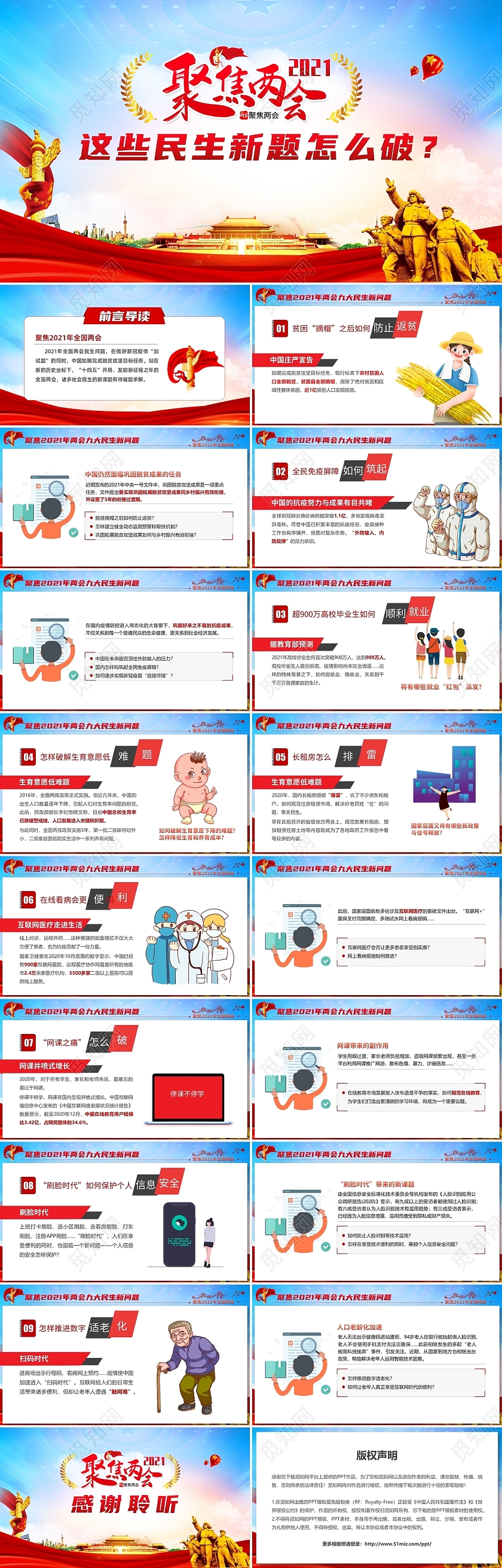时政新闻2021聚焦两会这些民生新题怎么破党建党政党课PPT模板党课党建党政