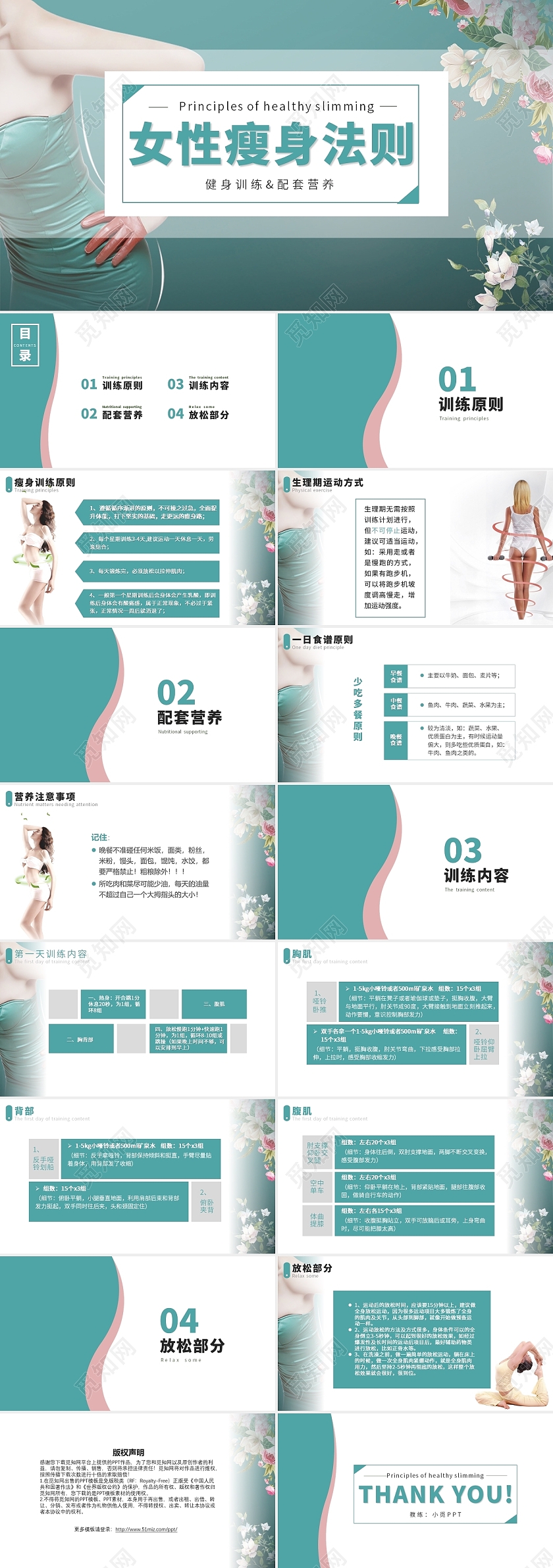 蓝色绿色瘦身女性瘦身法则健身训练配套营养PPT模板女性健康讲座