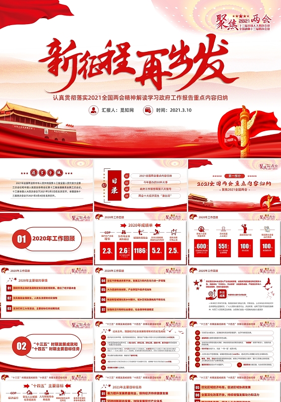 大气党政新征程再出发聚焦两会解读政府工作报告PPT模板党课党建党政