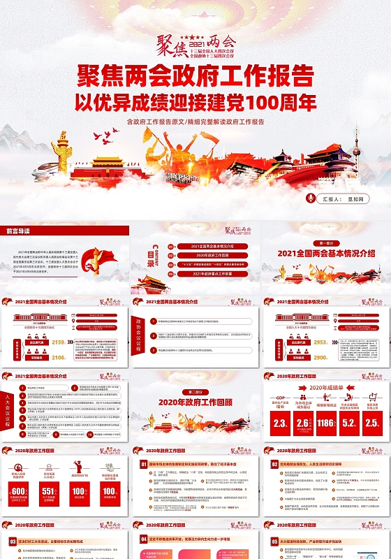 聚焦两会政府工作报告以优异成绩迎接建党100周年PPT模板党课党建党政