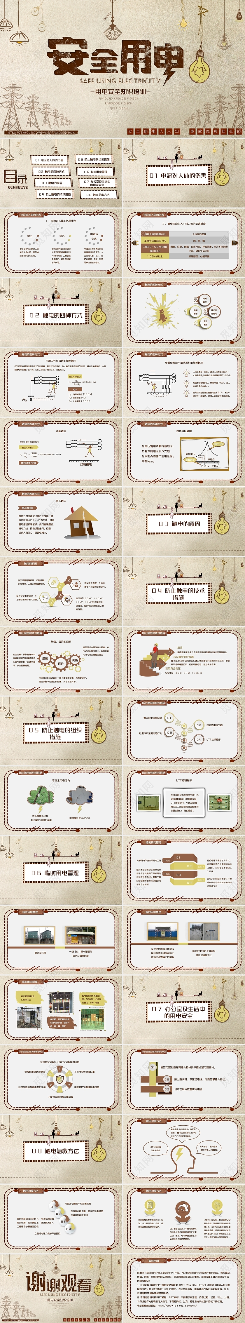 棕色木质简约卡通用电安全知识培训PPT模板