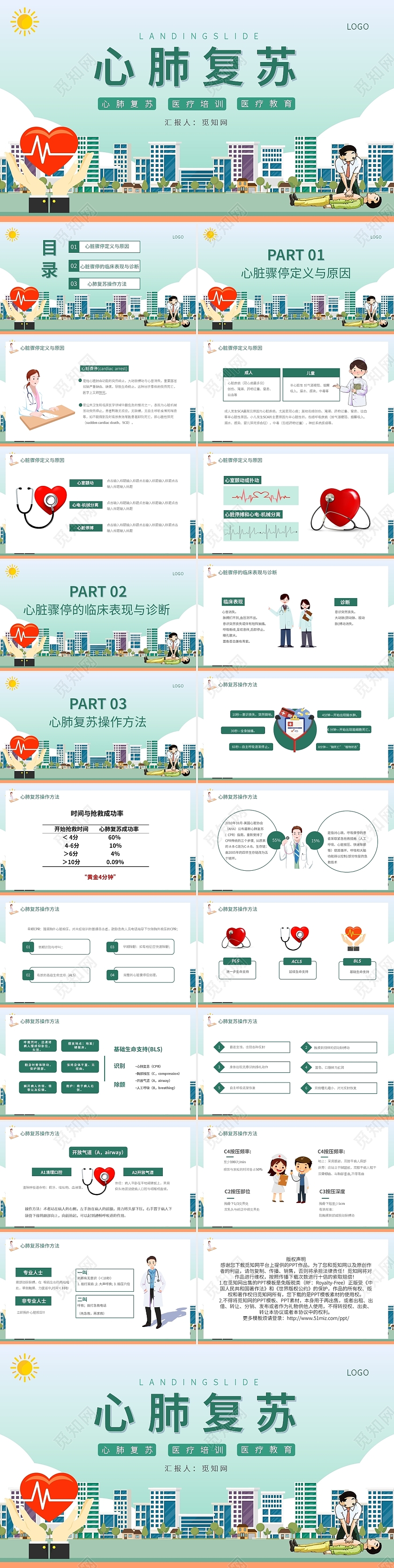 简约卡通心肺复苏医疗培训PPT模板宣传PPT动态PPT急救知识
