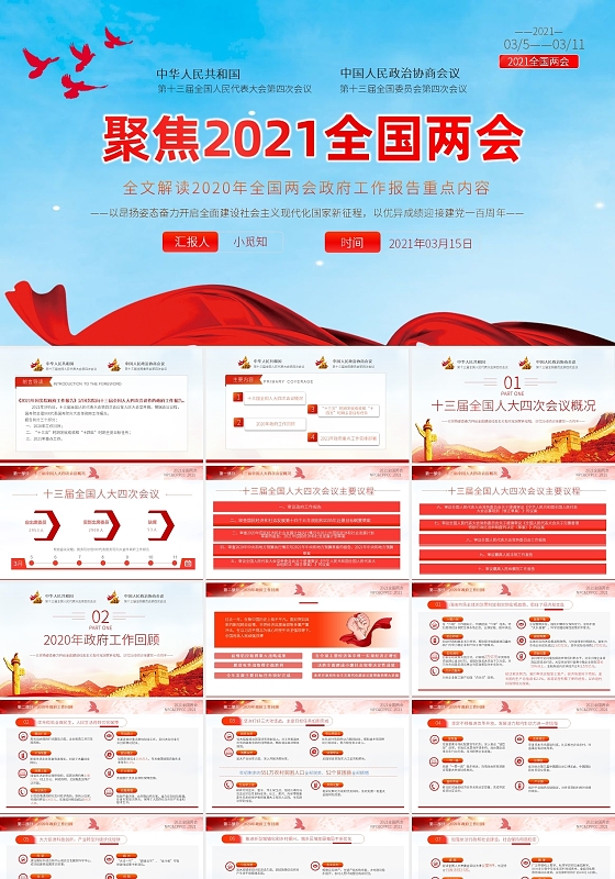 红色2021聚焦全国两会政府工作报告深度解读PPT模板党政党建党课