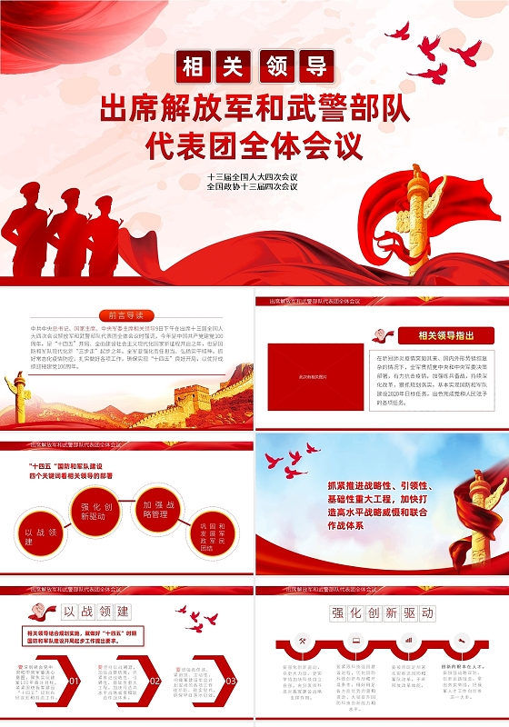 红色相关领导出席解放军和武警部队代表团全体会议两会PPT模板党政党建党课