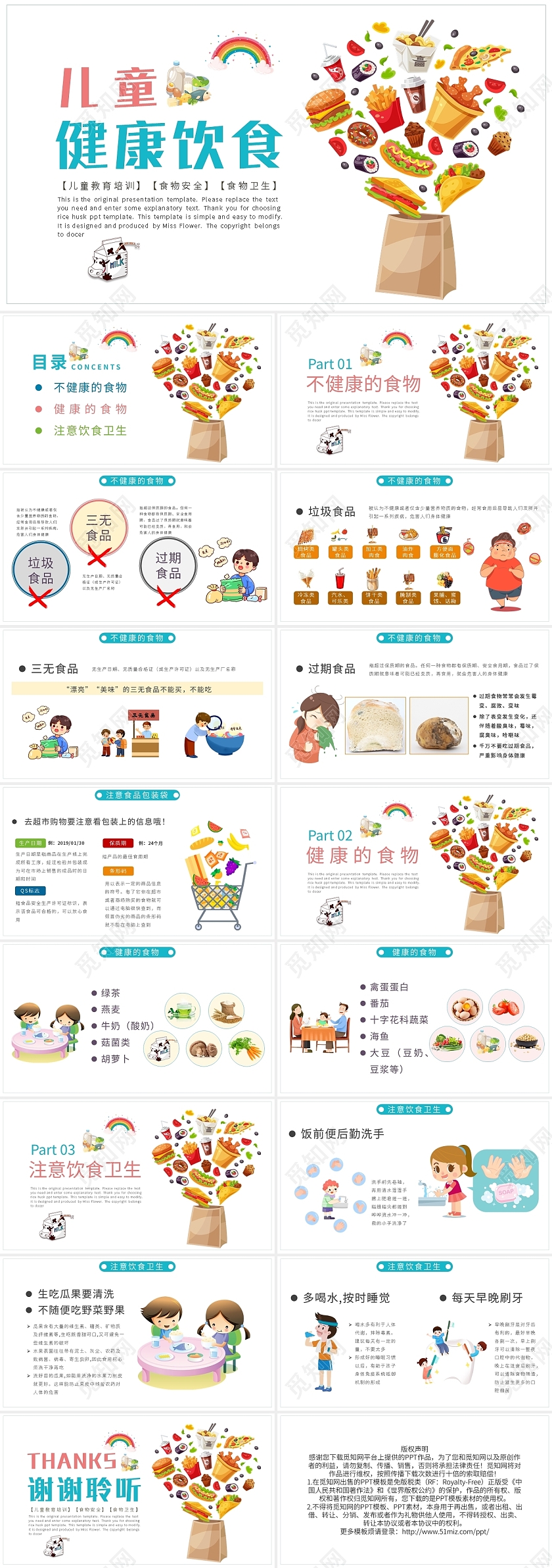 卡通儿童健康饮食PPT模板小学生食品