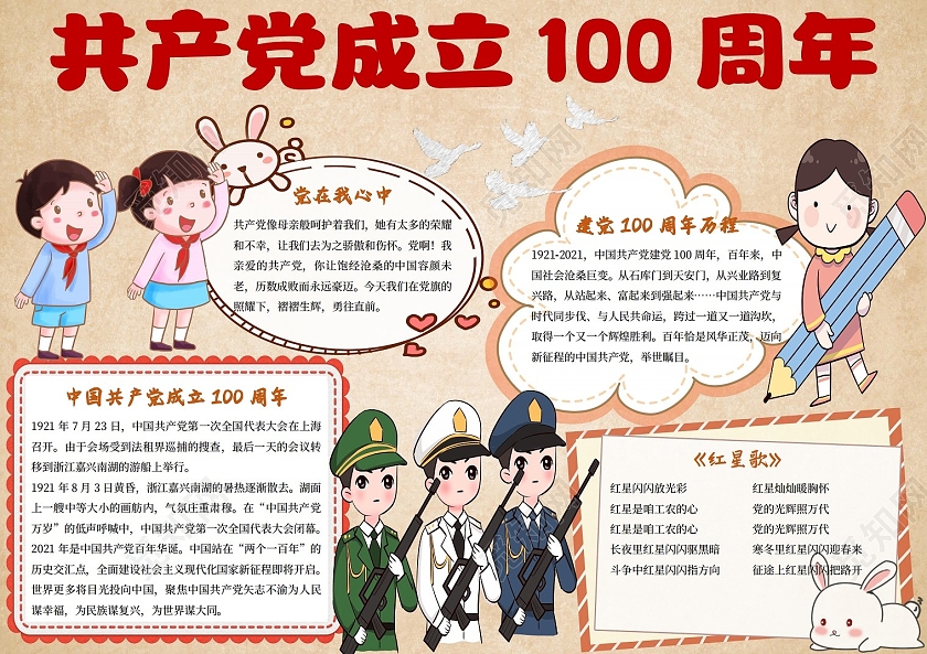黄色卡通共产党成立100周年建党100周年小报手抄报