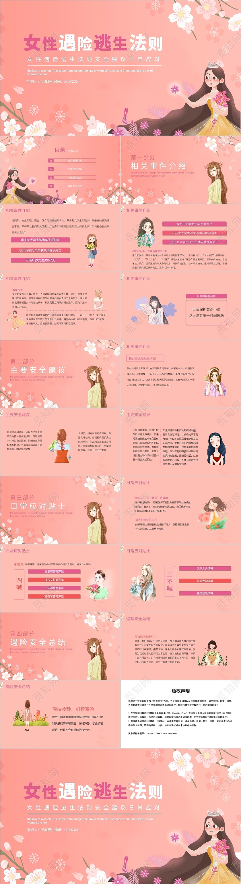 粉红色小资风女生遇险逃生法则PPT模板女性遇险逃生法则