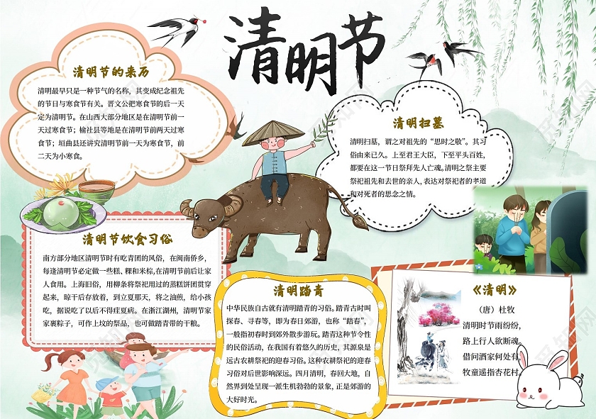 中国风绿色卡通清明节小报手抄报