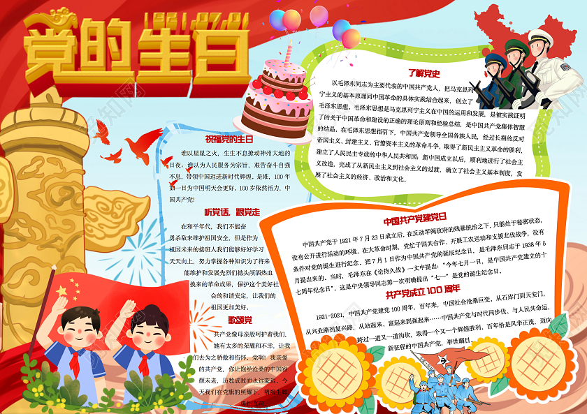 蓝色卡通党的生日手抄报建党