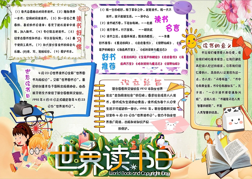 小学生蓝绿色背景 世界读书日 世界读书日小报手抄报 卡通小报