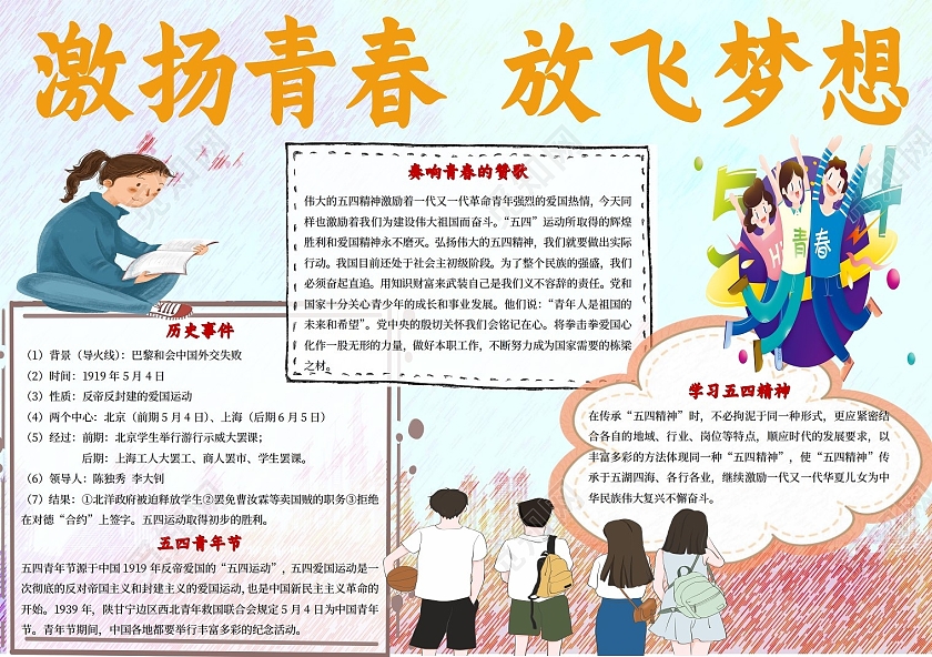 蓝红色卡通激扬青春放飞梦想五四小报手抄报