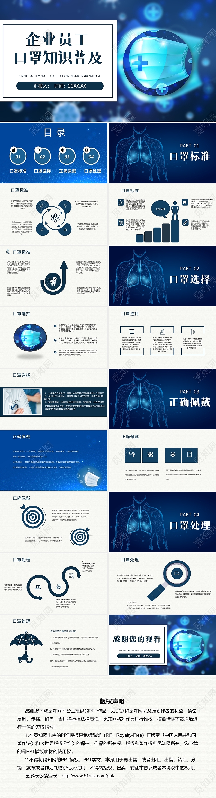 蓝色医疗企业员工口罩知识普及培训课件PPT模板
