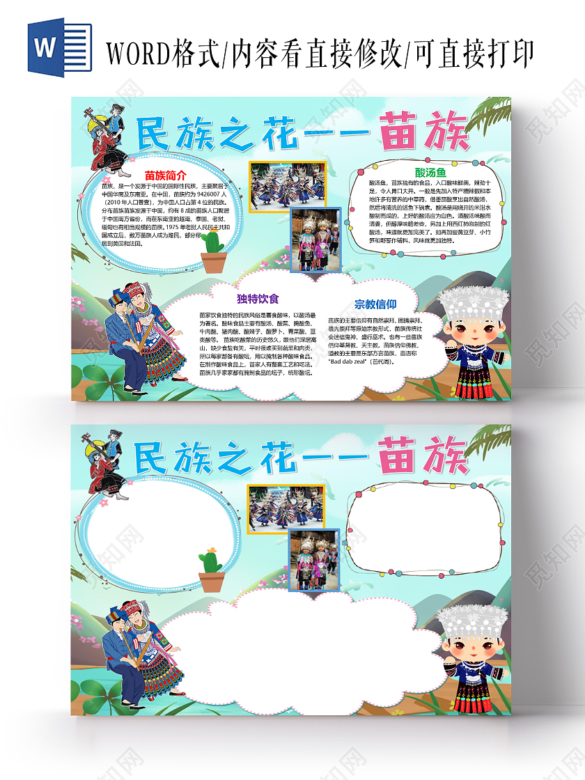卡通民族之花苗族酸汤鱼独特饮食宗教信仰庆典美食跳舞小报苗族苗族旅游小报手抄报