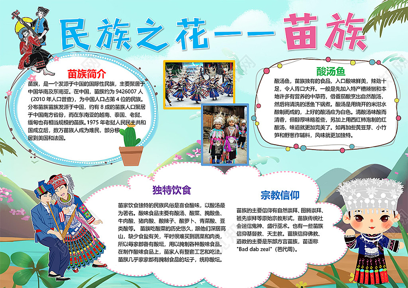 卡通民族之花苗族酸汤鱼独特饮食宗教信仰庆典美食跳舞小报苗族苗族旅游小报手抄报